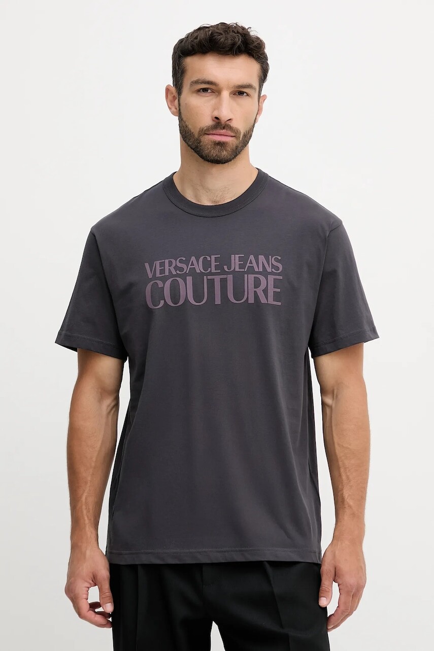 Bavlnené tričko Versace Jeans Couture pánske, šedá farba, s potlačou, 79GAHE05 CJ00E