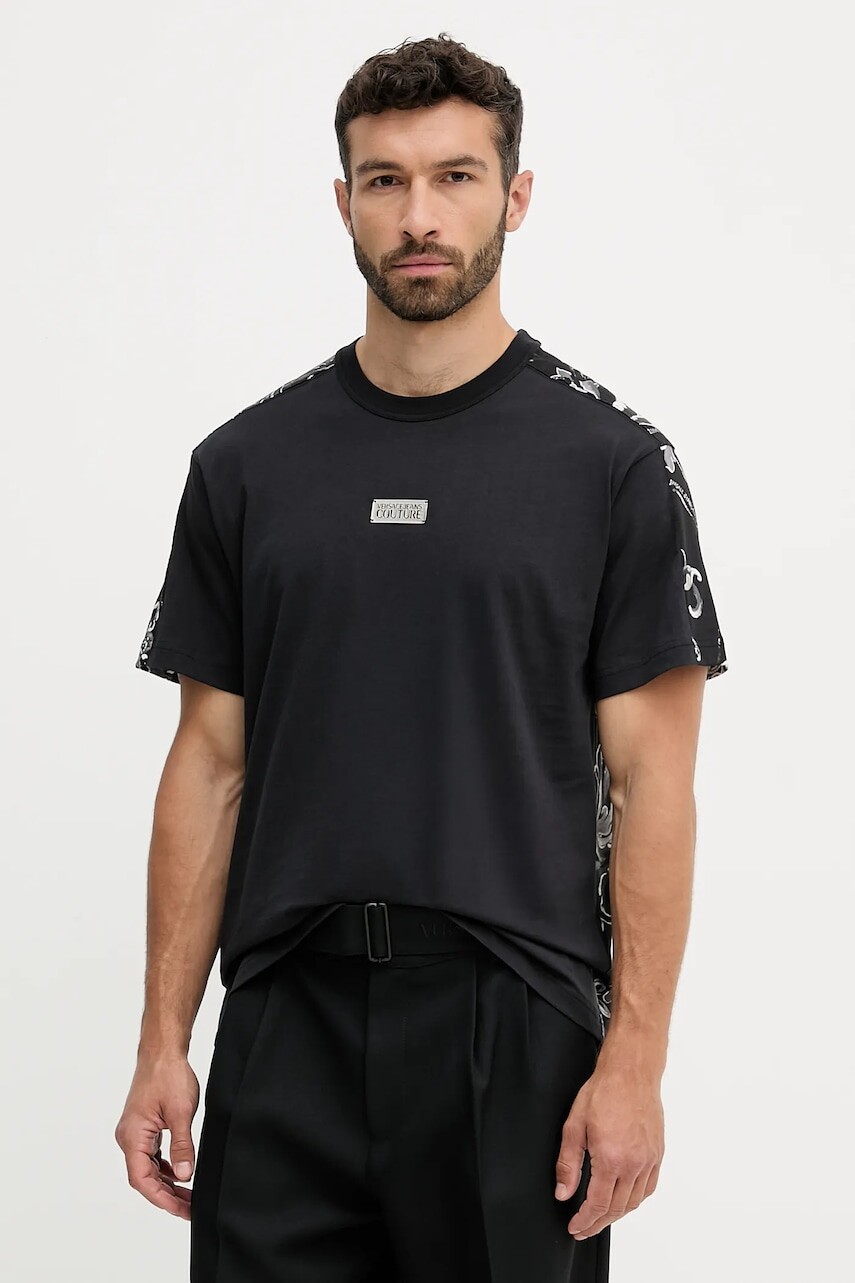 Bavlnené tričko Versace Jeans Couture pánske, čierna farba, s nášivkou, 79GAH617 JS515