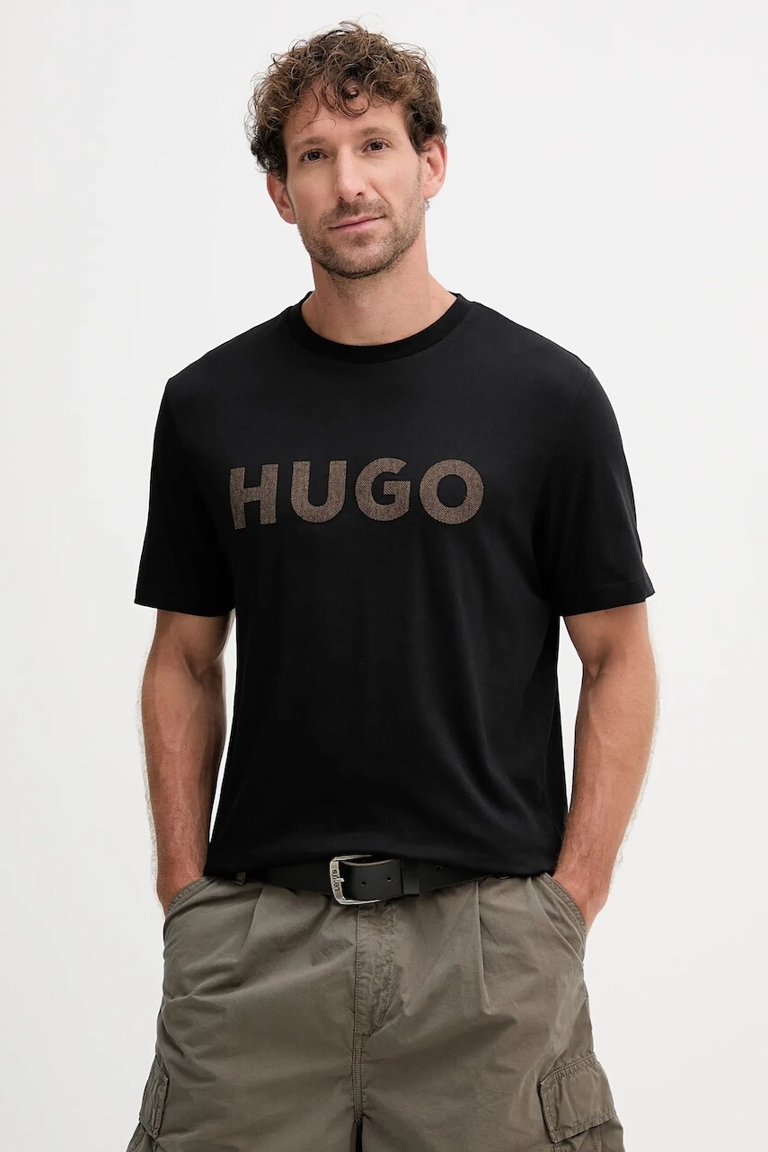 Bavlnené tričko HUGO pánske, čierna farba, s nášivkou, 50542737