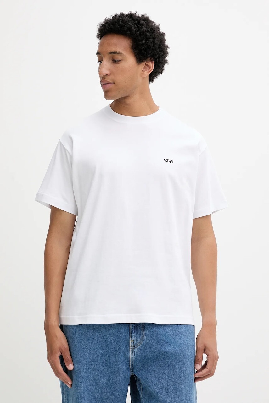 Bavlnené tričko Vans pánske, biela farba, s potlačou, VN000R9XWHT1