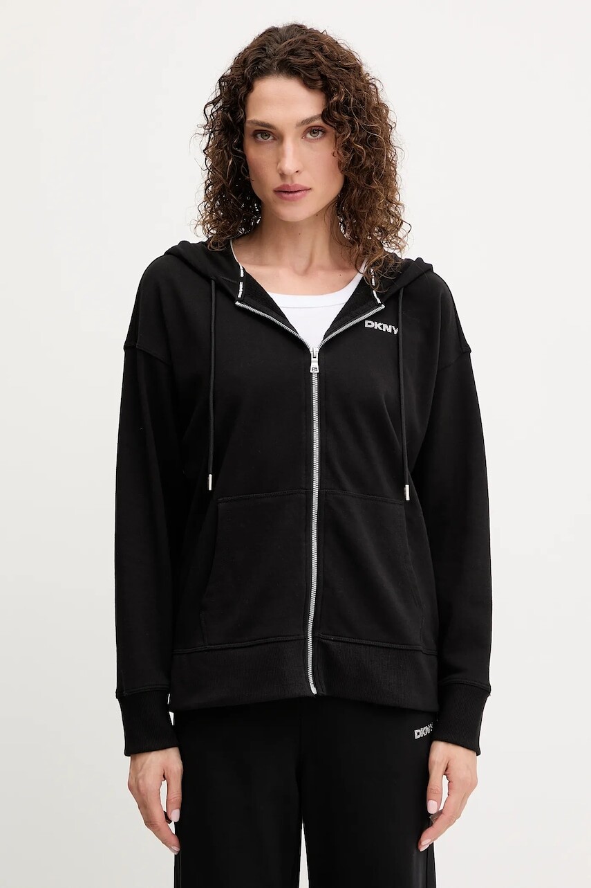 Mikina Dkny čierna farba, s kapucňou, s nášivkou, DP5J9666