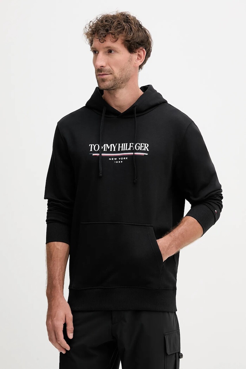 Bavlnená mikina Tommy Hilfiger čierna farba, s kapucňou, s potlačou, MW0MW40534