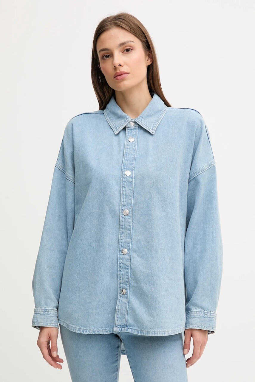 Rifľová košeľa Calvin Klein Jeans modrá farba, voľný strih, s klasickým golierom, LV047C709G