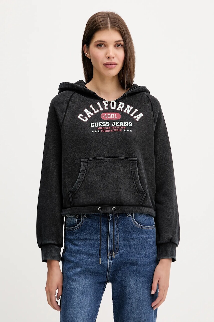 Bavlnená mikina Guess Jeans čierna farba, s kapucňou, s potlačou, W5YQ14 KCPR1