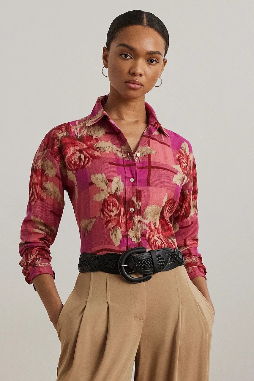 Ľanová košeľa Lauren Ralph Lauren červená farba, regular, s klasickým golierom, 200978534