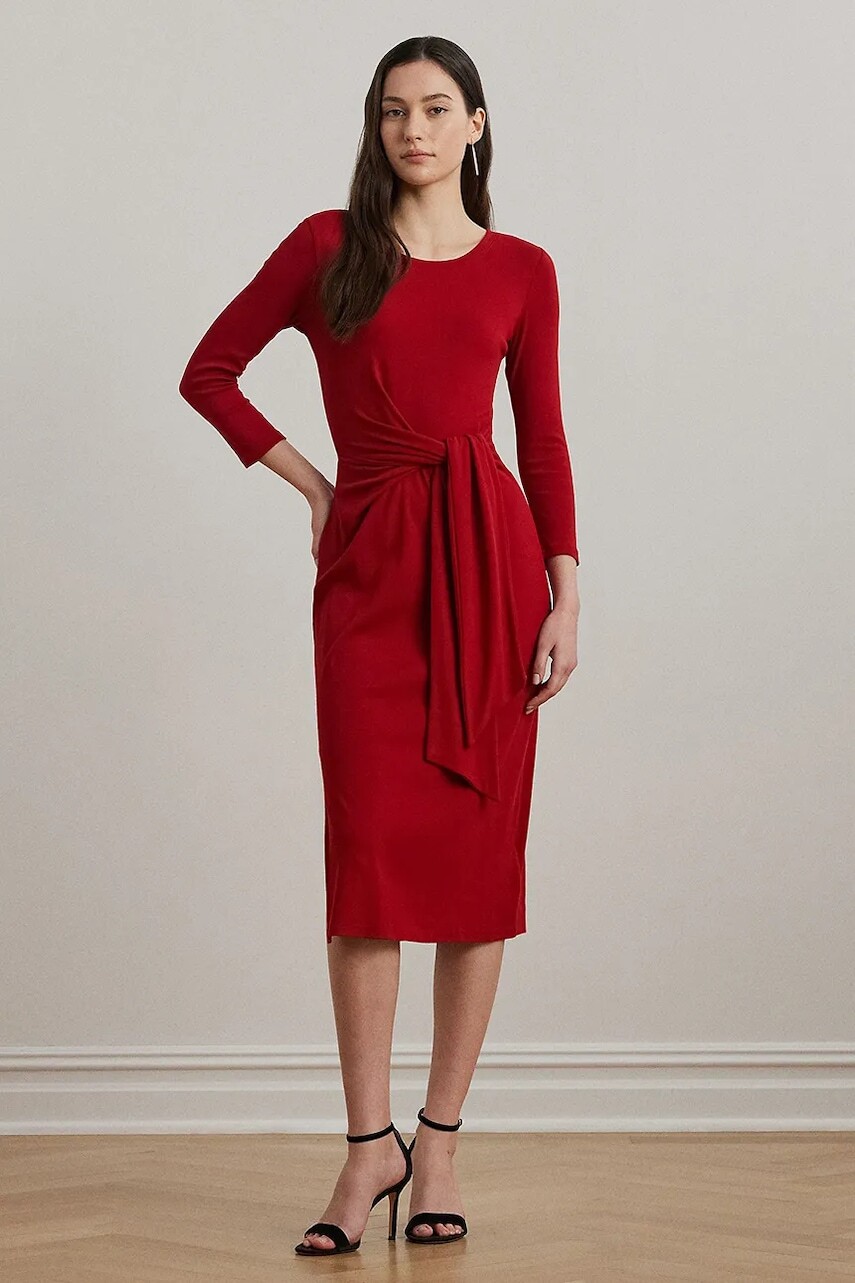 Šaty Lauren Ralph Lauren červená farba, midi, priliehavé, 200973598