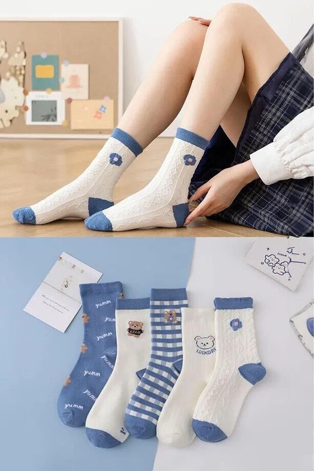 46560 Dewberry 5 Pairs of Unisex Patterned Socks 36-42-WHITE-LIGHT BLUE