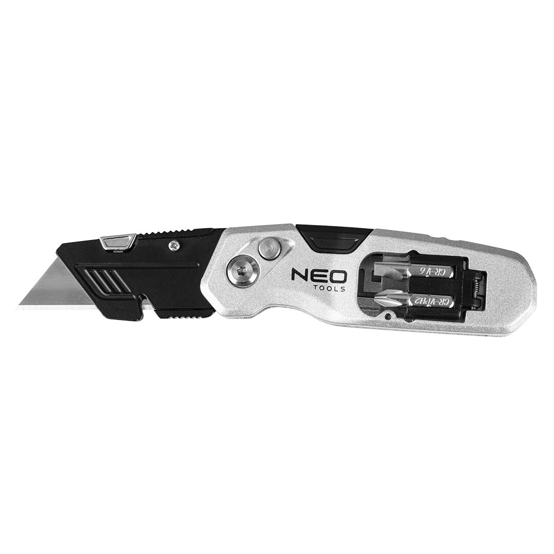 NEO TOOLS Skladací nôž s lichobežníkovou čepeľou 1+3 čepele, 2 bity 63-705