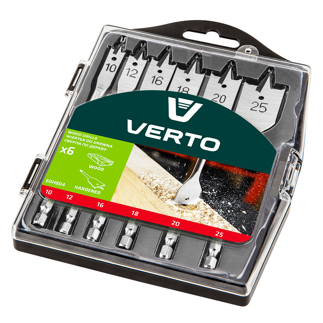 VERTO Lopatkové vrtáky do dreva, 10, 12, 16, 18, 20, 25 mm, súprava 6 ks 60H804