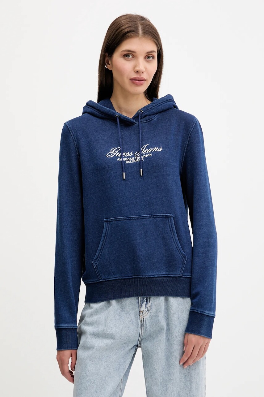 Bavlnená mikina Guess Jeans tmavomodrá farba, s kapucňou, s nášivkou, W5YQ11 KCXQ1
