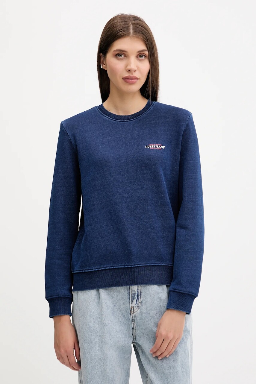 Bavlnená mikina Guess Jeans tmavomodrá farba, s potlačou, W5YQ22 KCXQ1