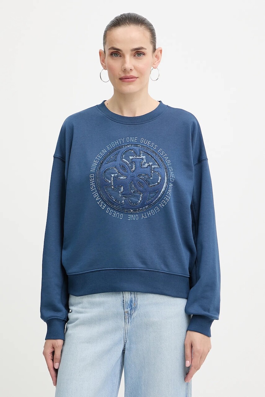 Mikina Guess 4G modrá farba, s nášivkou, W5YQ07 KB681
