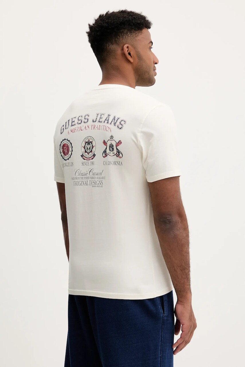 Bavlnené tričko Guess Jeans pánske, béžová farba, vzorované, M5YI04 K8HM0