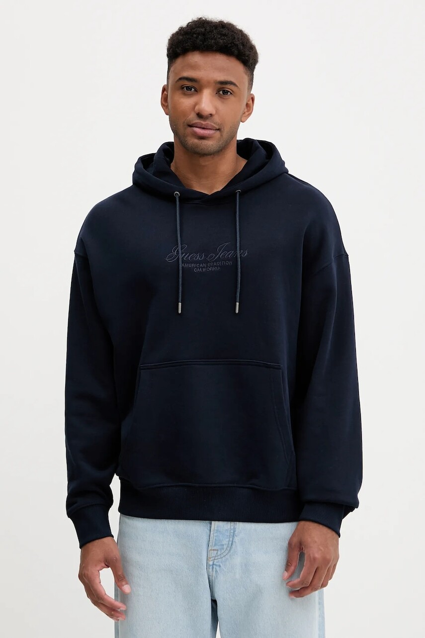 Bavlnená mikina Guess Jeans tmavomodrá farba, s kapucňou, jednofarebná, M5YQ16 KCPR1