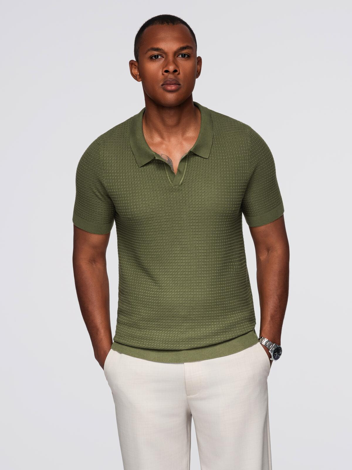 Ombre Men's knitted unbuttoned polo shirt - olive