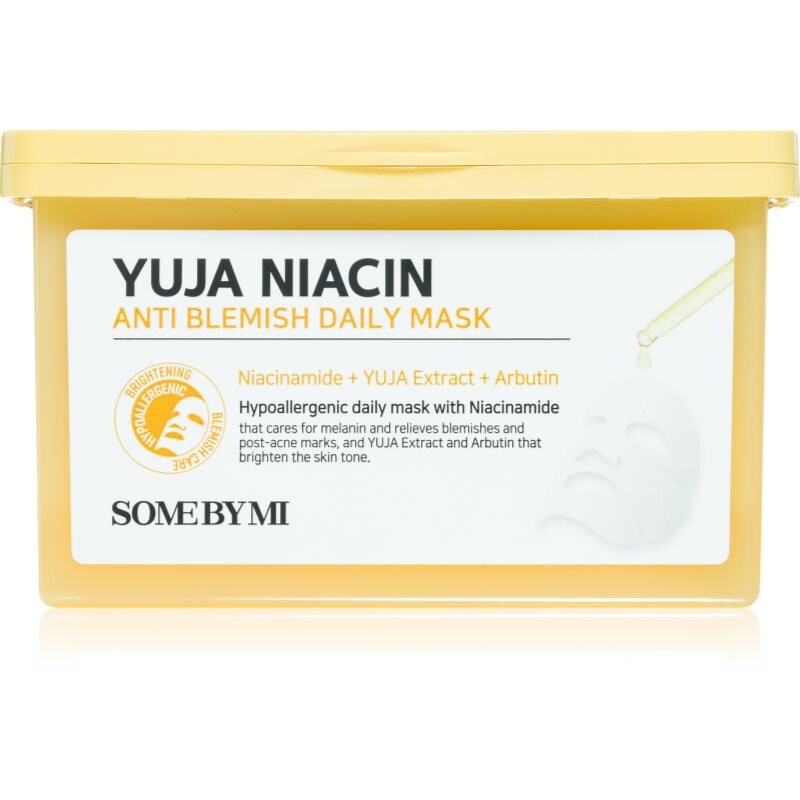 Some By Mi Yuja Niacin Anti Blemish Daily Mask rozjasňujúca plátienková maska pre zjednotenie farebného tónu pleti veľké balenie 30 ks