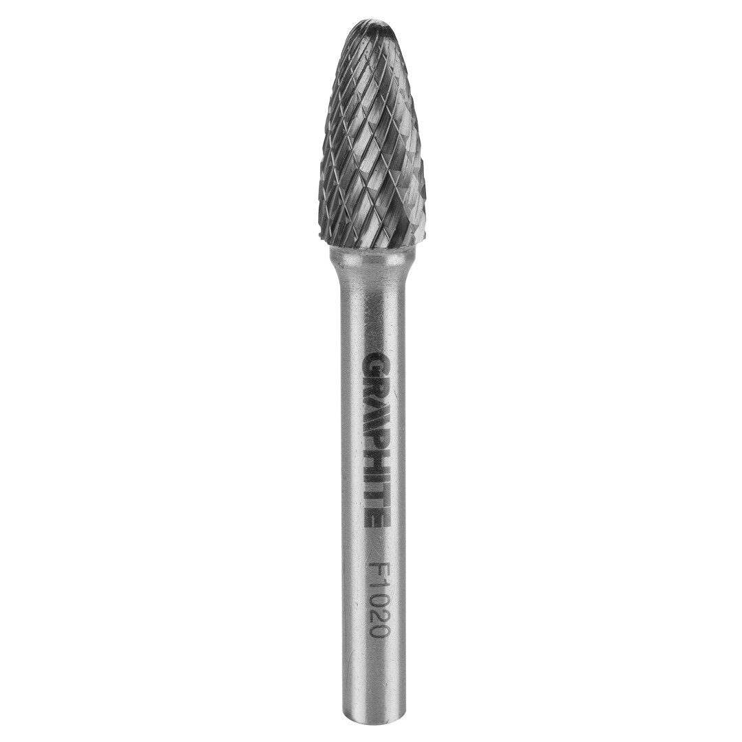 GRAPHITE HM fréza na kovy, typ F (špicatá guľatá špička), 10 x 20 mm, stopka 6 x 45 mm 55H371