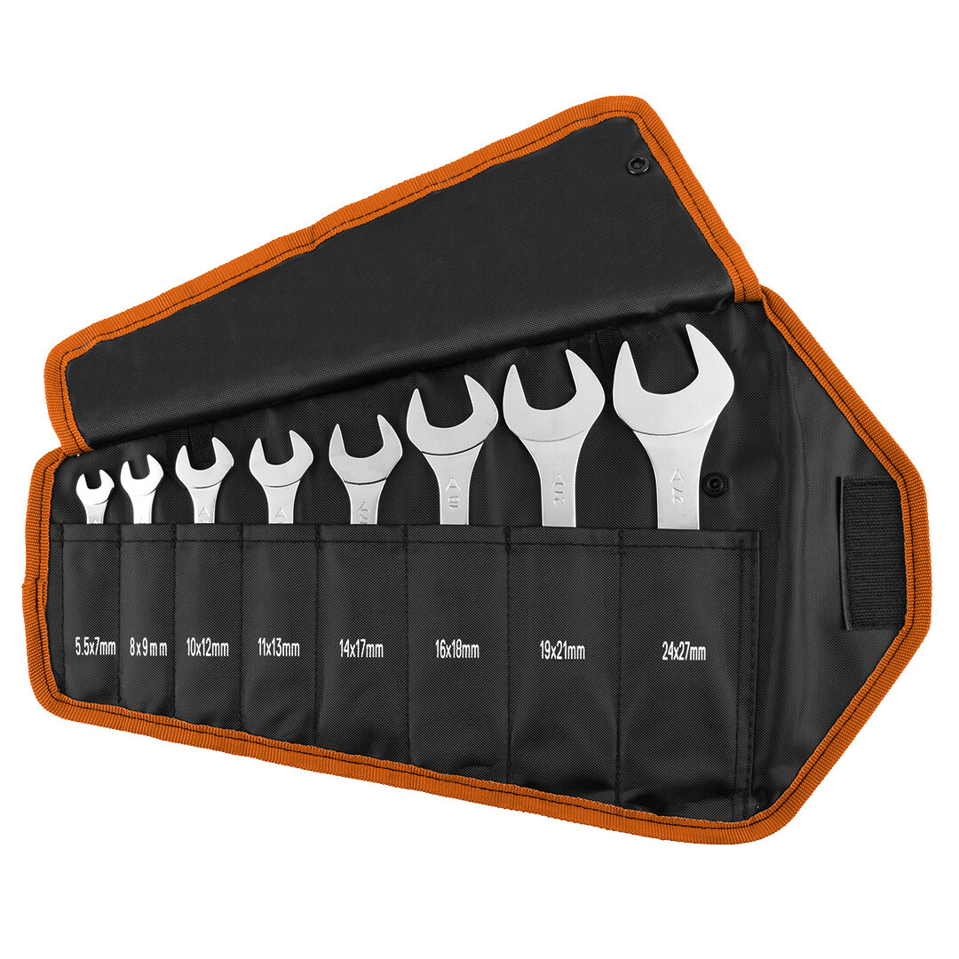 NEO TOOLS Dvojitý otvorený kľúč 8 ks. sada, 5,5 - 27 mm, supertenká verzia v rolovacom vrecku 09-860