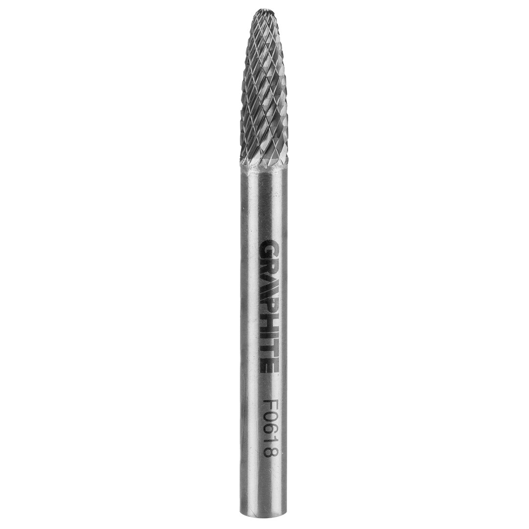 GRAPHITE HM fréza na kovy, typ F (špicatá guľatá špička), 6 x 18 mm, stopka 6 x 45 mm 55H369