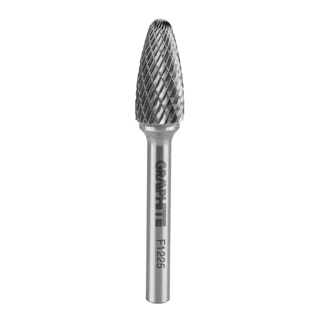 GRAPHITE HM fréza na rezanie kovov typ F (špicatá guľatá špička), 12 x 25 mm, stopka 6 x 45 mm 55H372