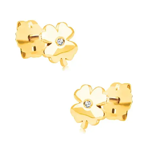 Zlaté náušnice 14K v tvare štvorlístka so zirkónom