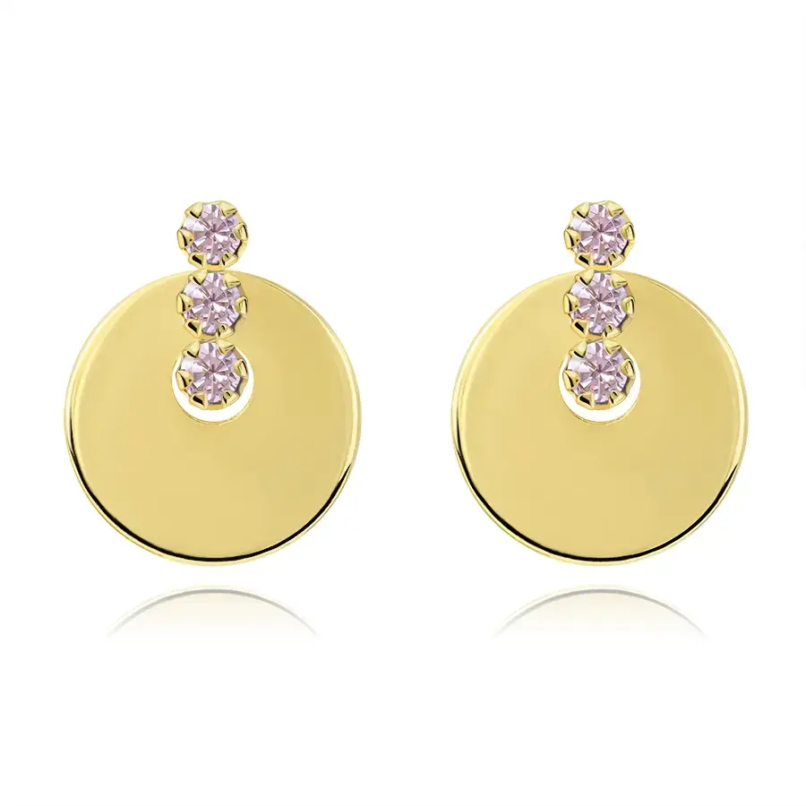 Zlaté náušnice 14K s ružovými zirkónmi a kruhovým motívom