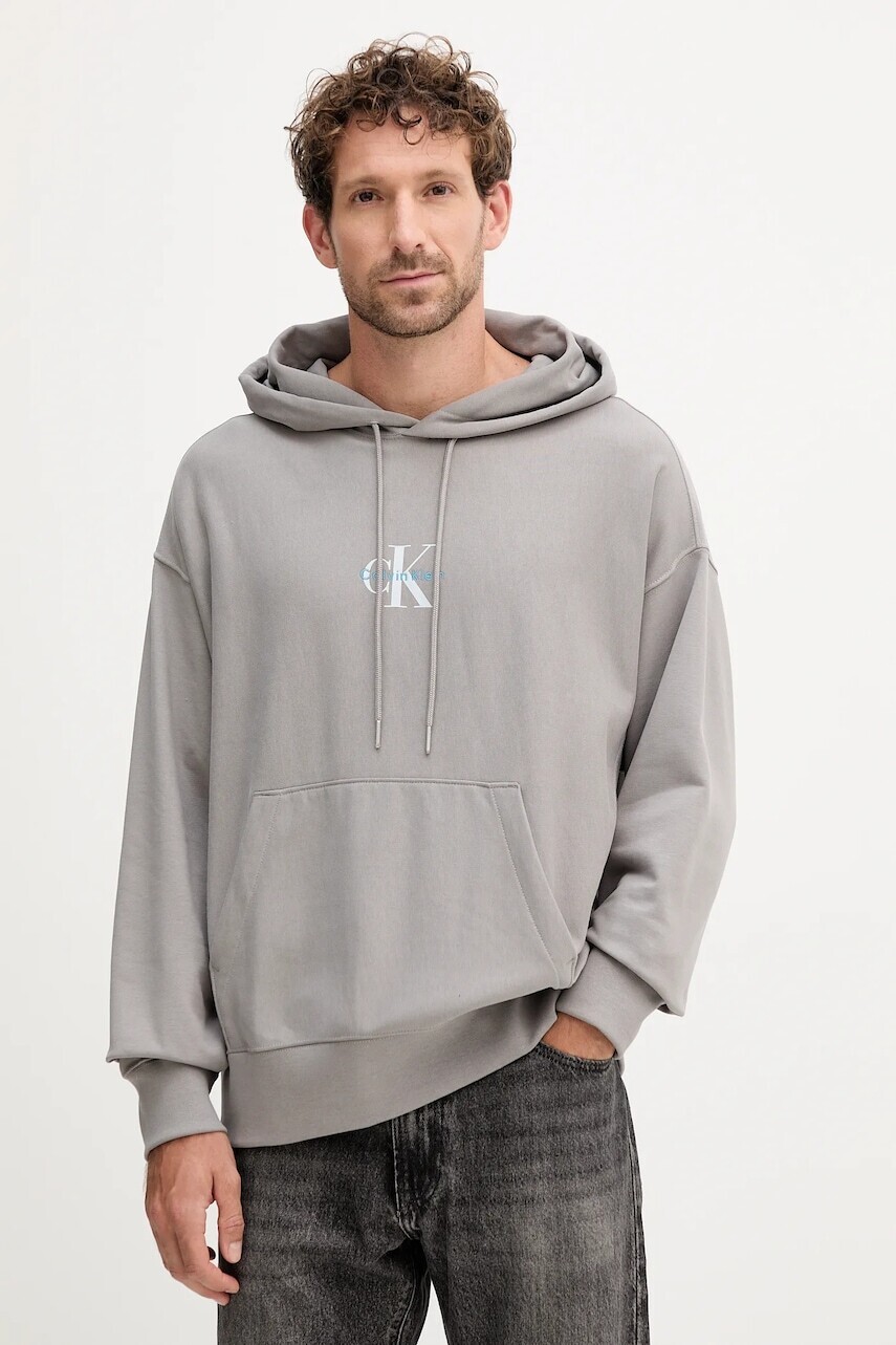 Mikina Calvin Klein Jeans šedá farba, s kapucňou, s potlačou, LV04RC281G