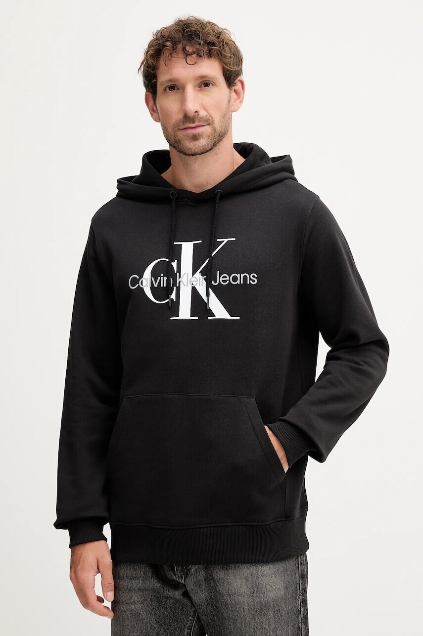 Bavlnená mikina Calvin Klein Jeans čierna farba, s kapucňou, s potlačou, J30J320934