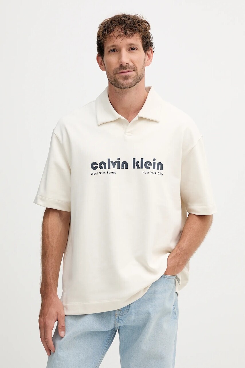 Polo tričko Calvin Klein Jeans pánske, béžová farba, s potlačou, LV04RC243G