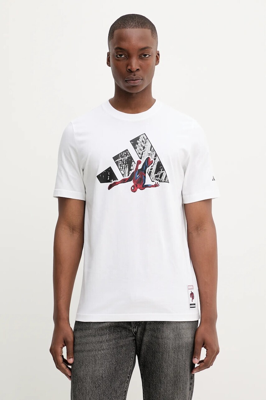 Bavlnené tričko adidas Spiderman pánske, biela farba, s potlačou, JW8842