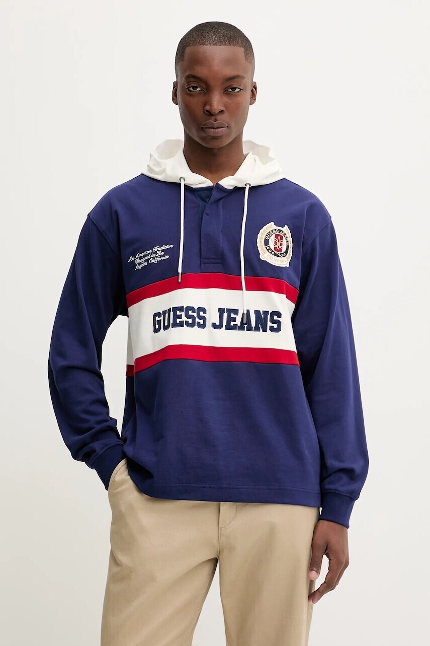 Bavlnená mikina Guess Jeans modrá farba, s kapucňou, s nášivkou, M5YP08 KCYM1