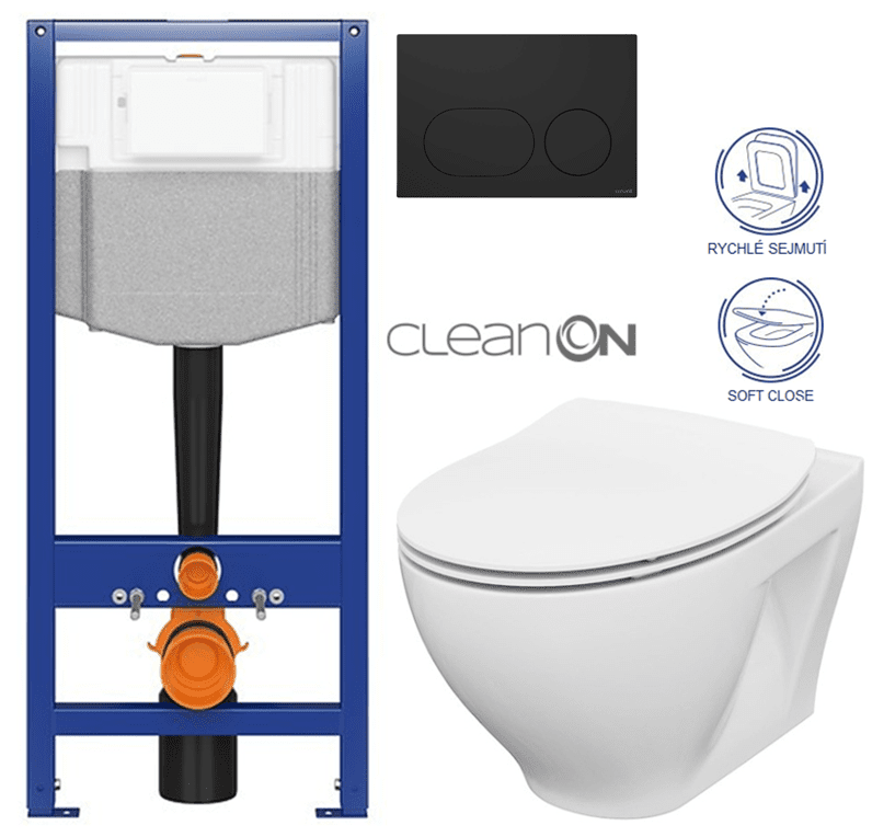 CERSANIT predstenový inštalačný systém s čiernym tlačidlom K97-0637 + WC CERSANIT CLEANON MODUO + SEDADLO K97-526 0637 MO1