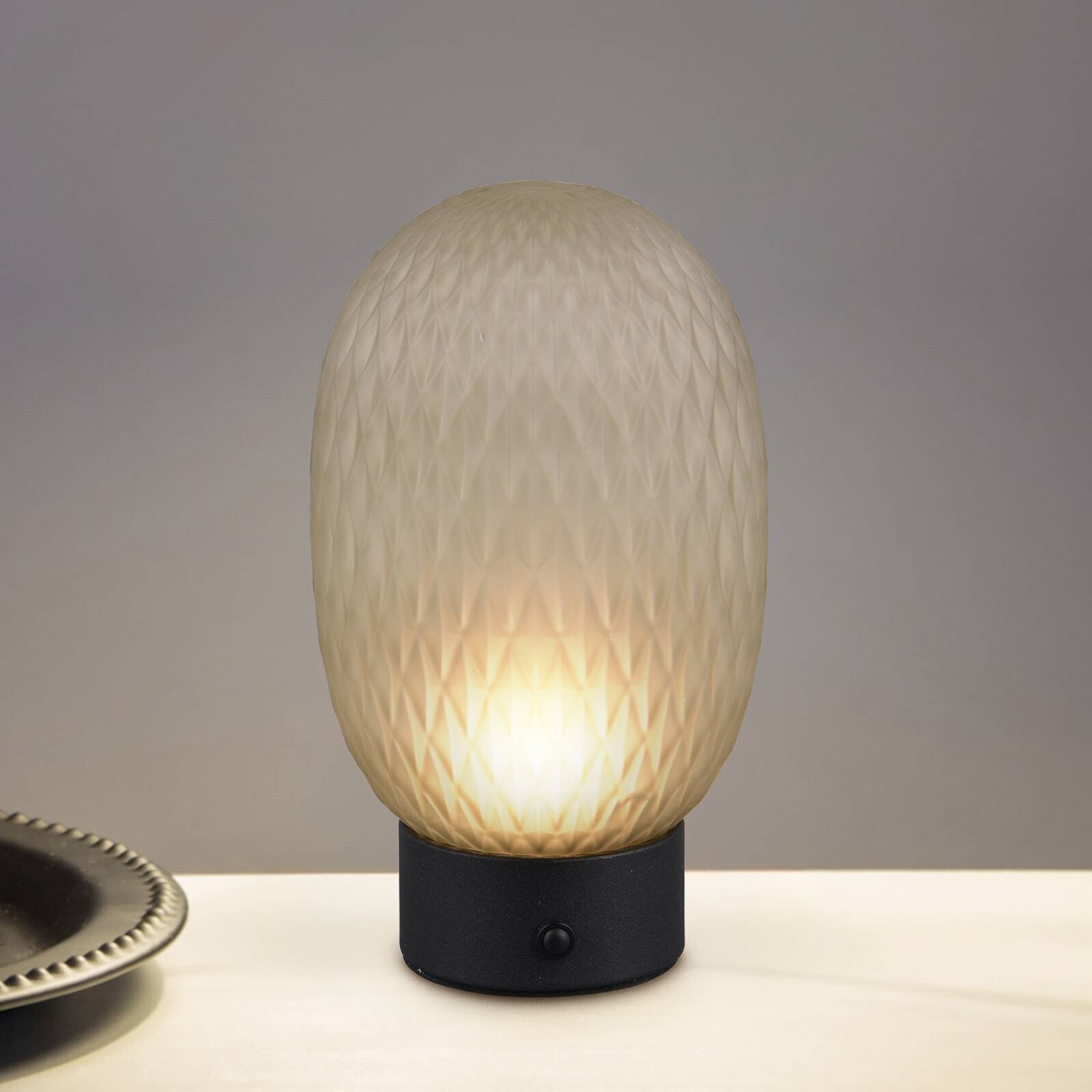 LED stolová lampa Facette, zelená, USB, sklo,