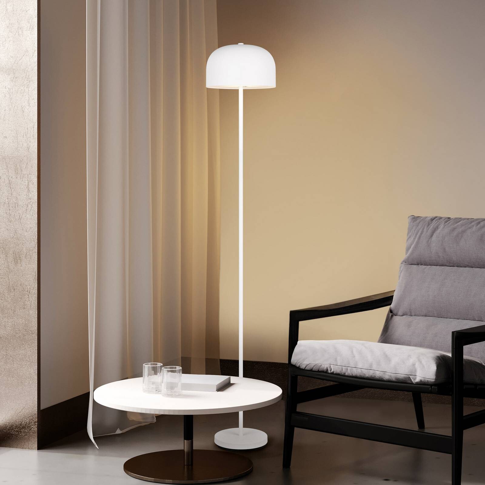LED akumulátorová stojaca lampa Jeff, biela, kov, výška 147 cm
