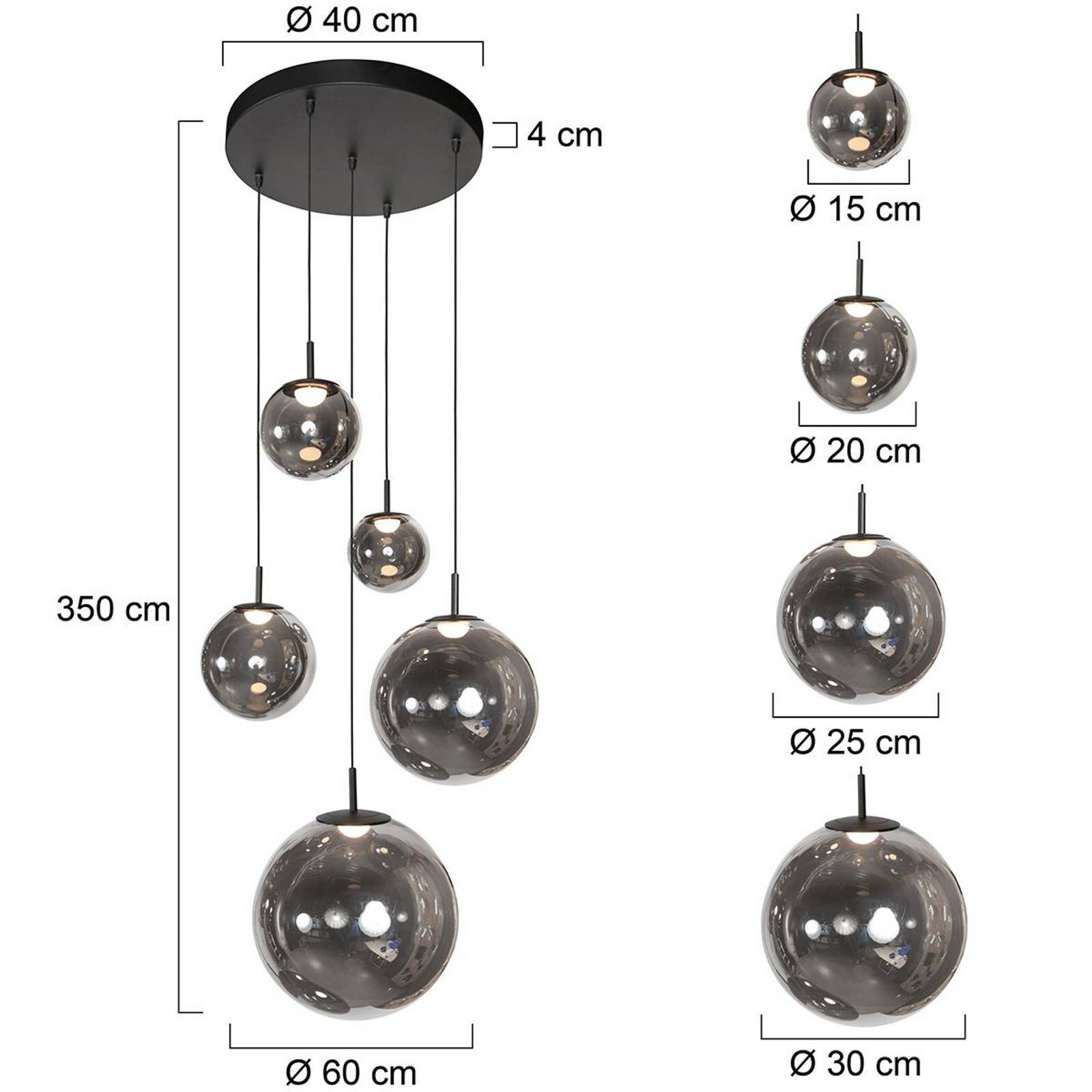 LED závesné svietidlo Bollique, 5-pl. okrúhle, čierne, sklo