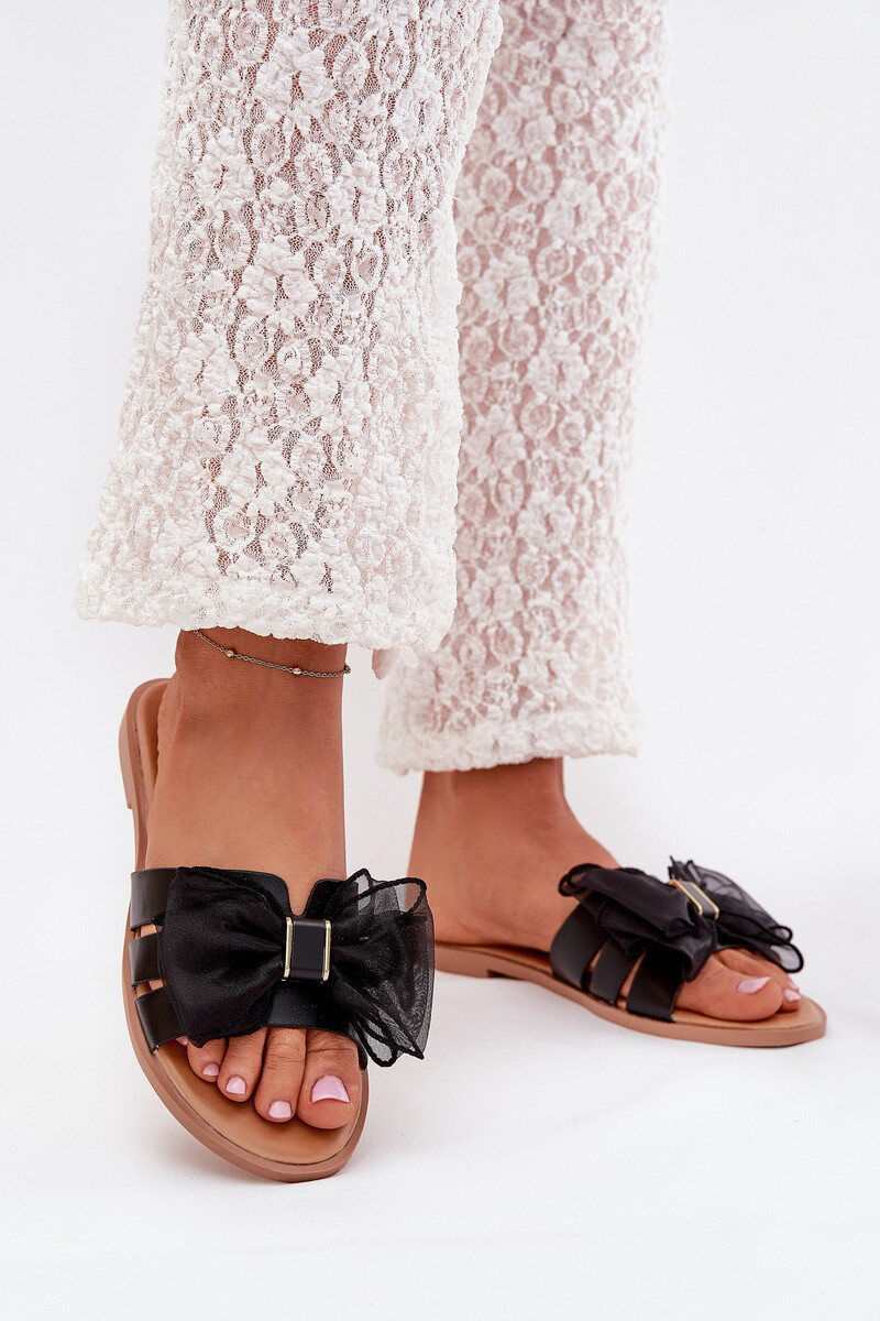 Boto Dámske Sandále Na Plochom Opätku S Tylovou Mašľou Čierne Tanira