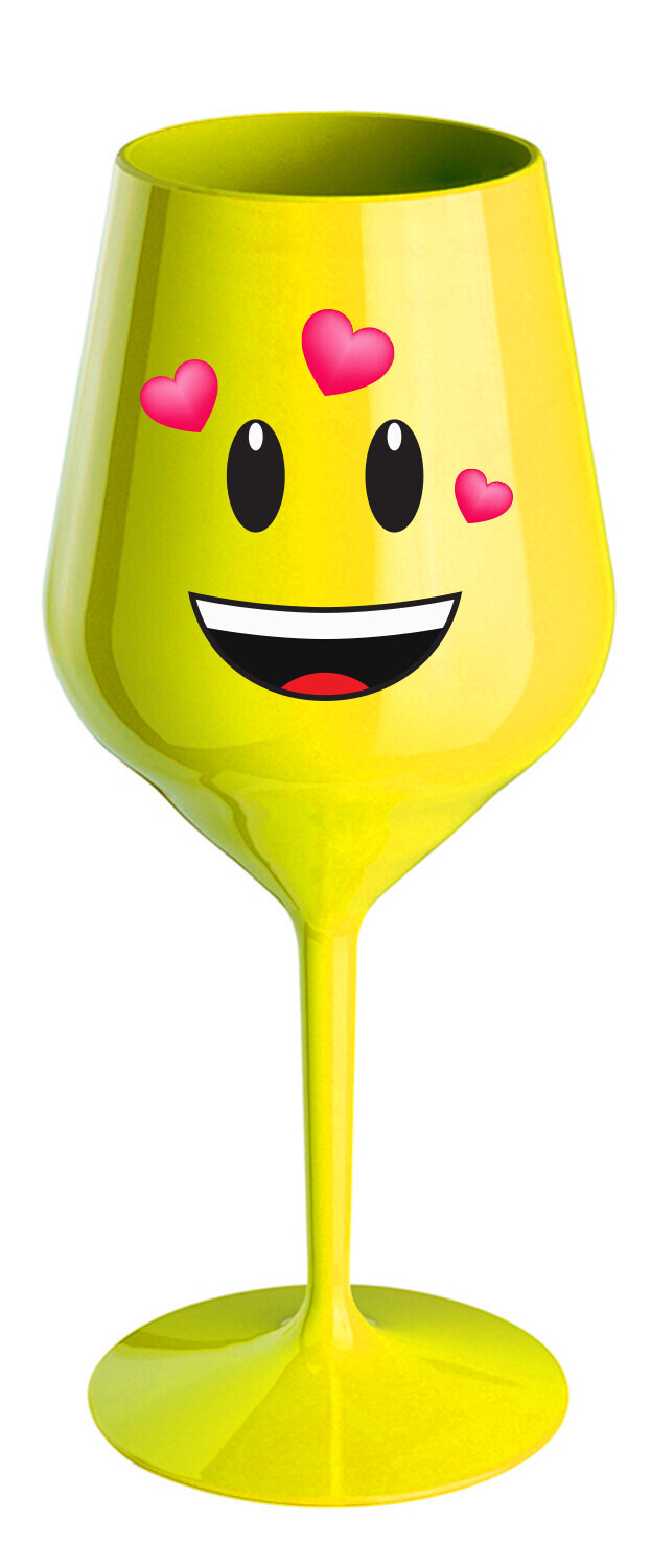 ZAMILOVANÝ SMAJLÍK - žlutá nerozbitná sklenice na víno 470 ml