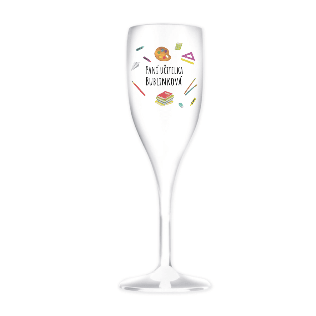 Personalizovaná nerozbitná prosecco sklenice pro paní učitelku/pana učitele (pomůcky)