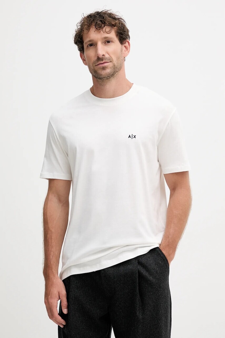 Bavlnené tričko Armani Exchange pánske, béžová farba, s nášivkou, XM001568 AF10358