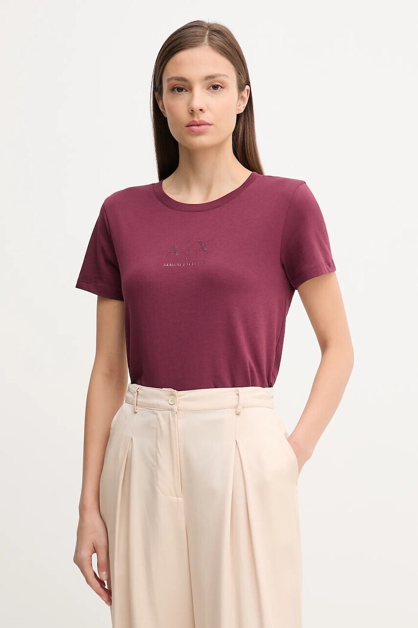 Bavlnené tričko Armani Exchange dámske, bordová farba, XW001459 AF10356