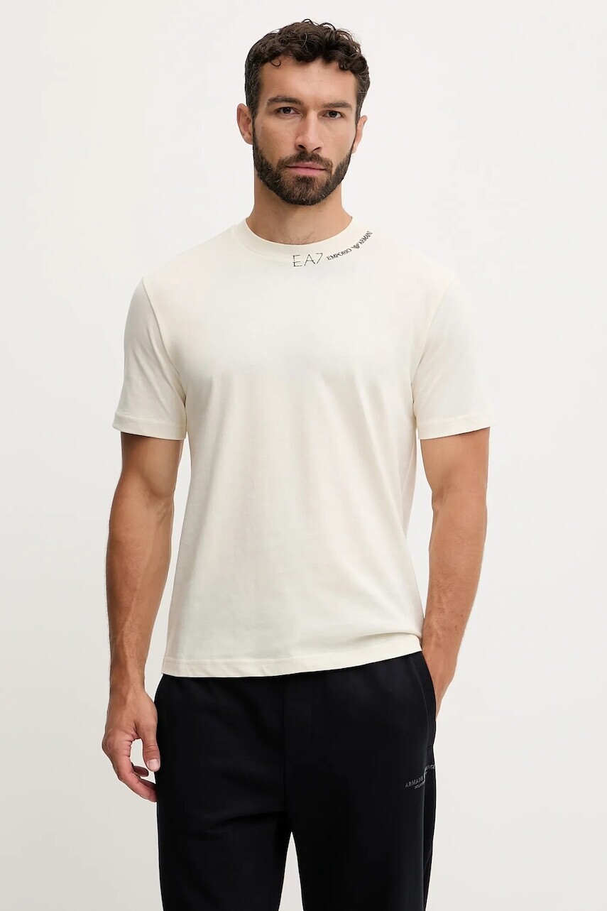 Bavlnené tričko EA7 Emporio Armani pánske, béžová farba, vzorované, AF13244.7X000147