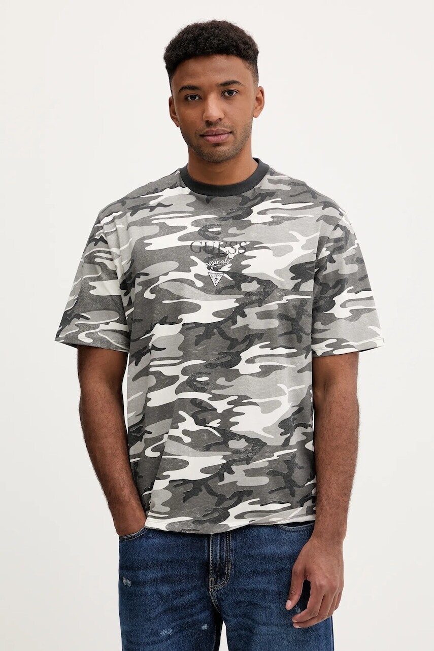 Bavlnené tričko Guess Originals pánske, šedá farba, vzorované, M5GI69 K8FQ4