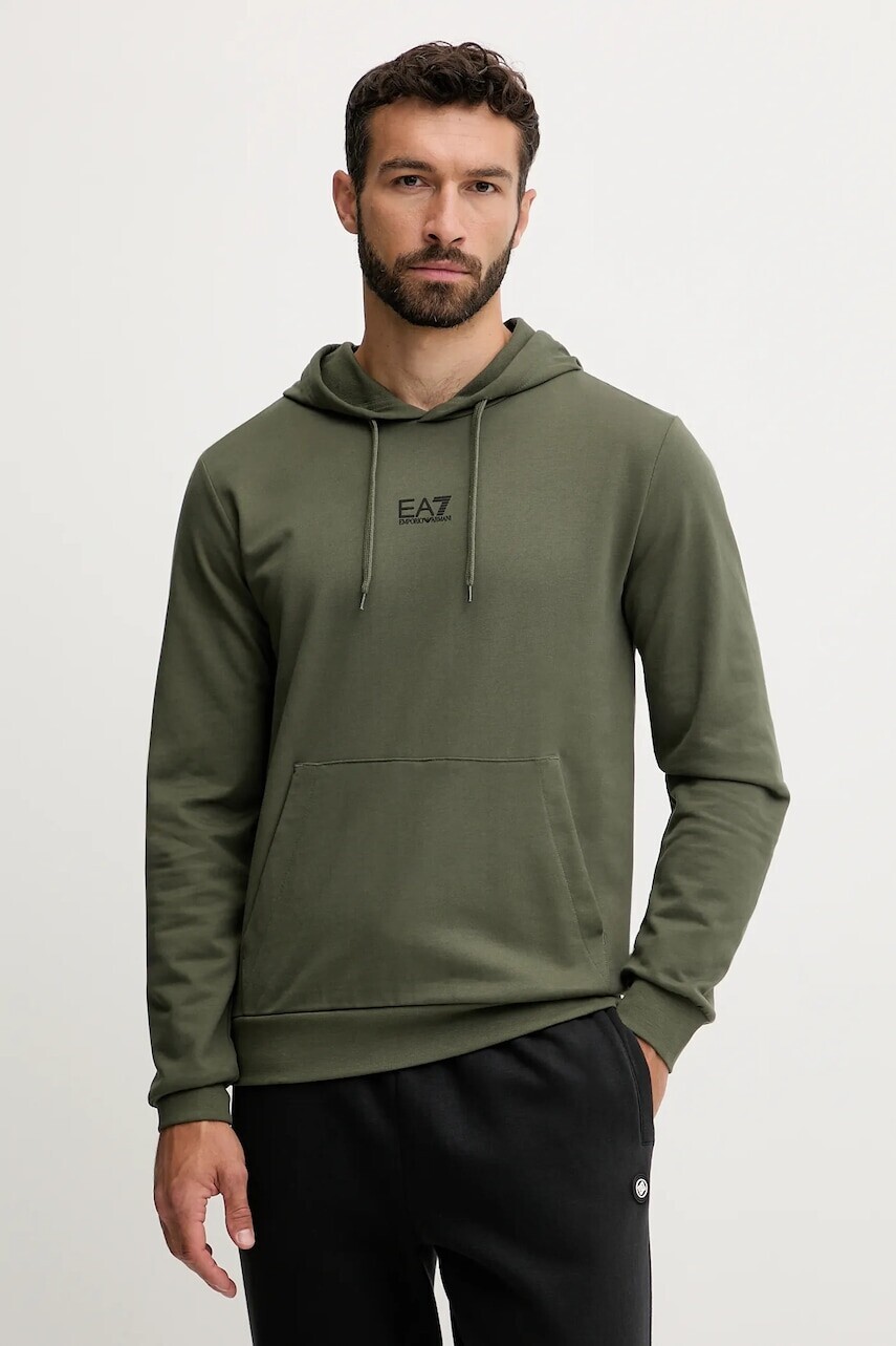 Bavlnená mikina EA7 Emporio Armani zelená farba, s kapucňou, jednofarebná, PJVRZ.8NPM32