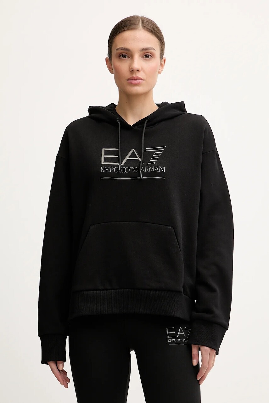 Mikina EA7 Emporio Armani čierna farba, s kapucňou, s nášivkou, AF10377-7W000422