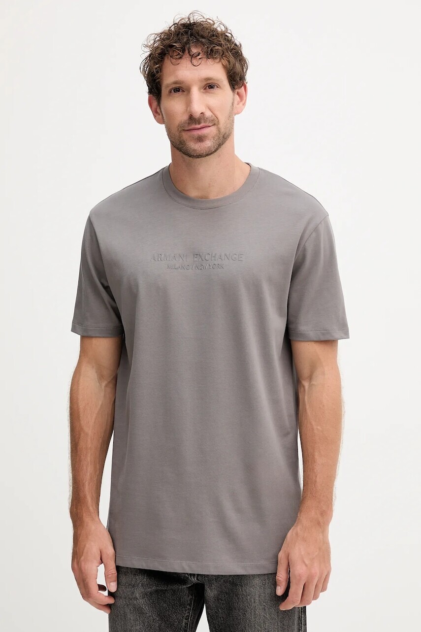 Bavlnené tričko Armani Exchange pánske, šedá farba, s nášivkou, XM001280 AF10361