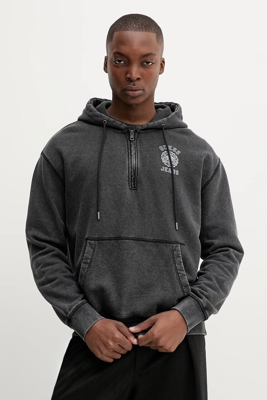 Bavlnená mikina Guess Jeans šedá farba, s kapucňou, s potlačou, M5YQ14 KCPR1