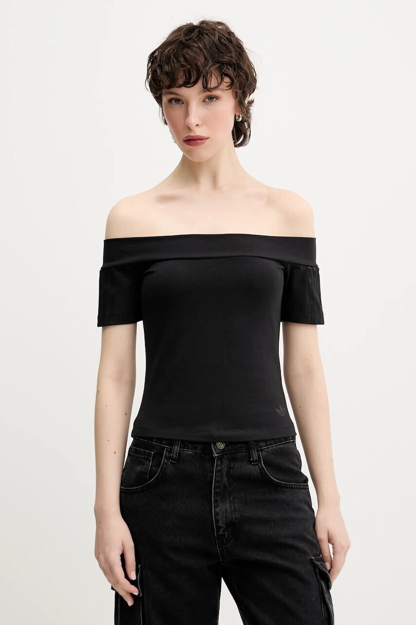 Tričko adidas Originals Bandeau SS dámske, čierna farba, španielsky výstrih, JV9742