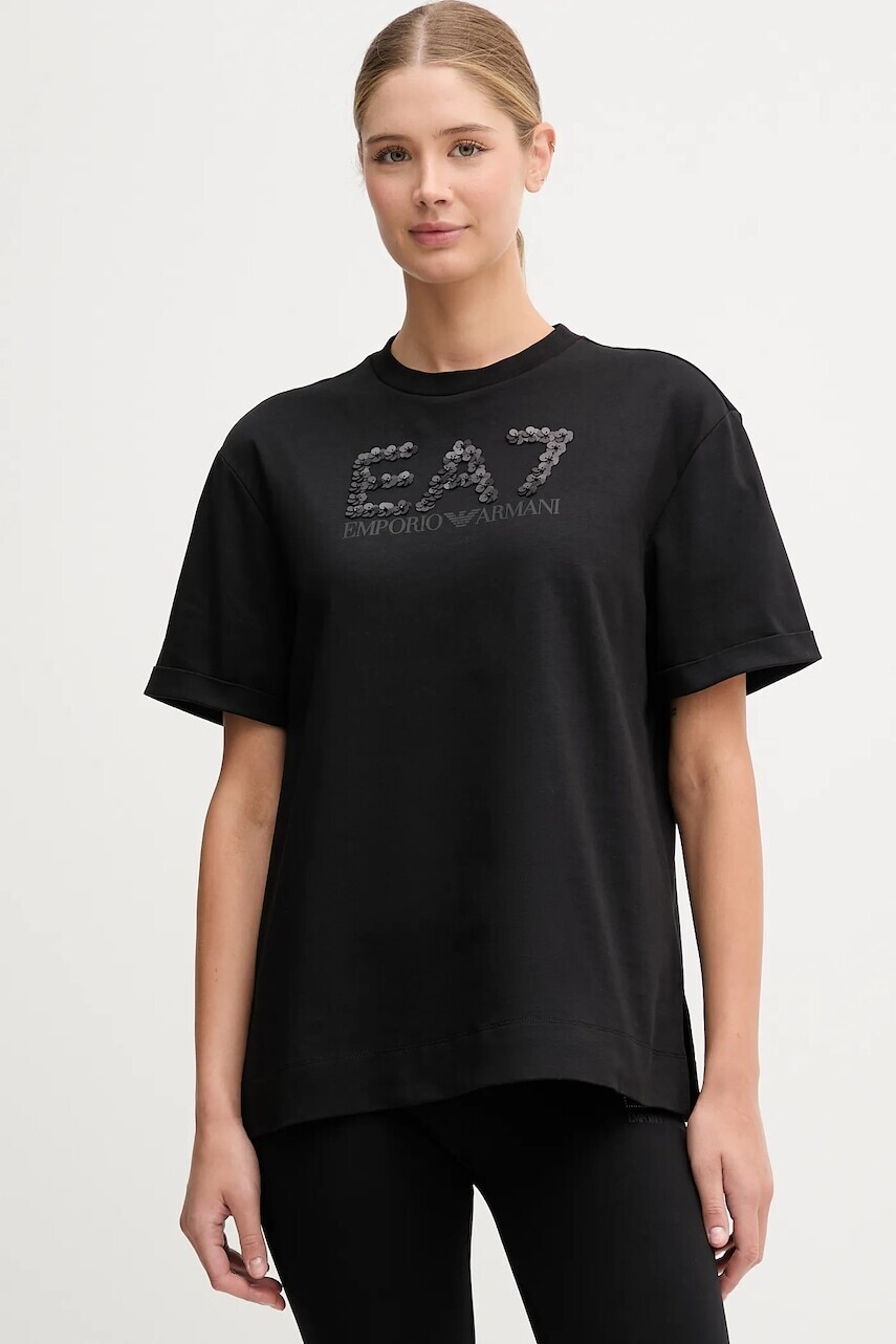 Bavlnené tričko EA7 Emporio Armani dámske, čierna farba, AF12957.7W000540