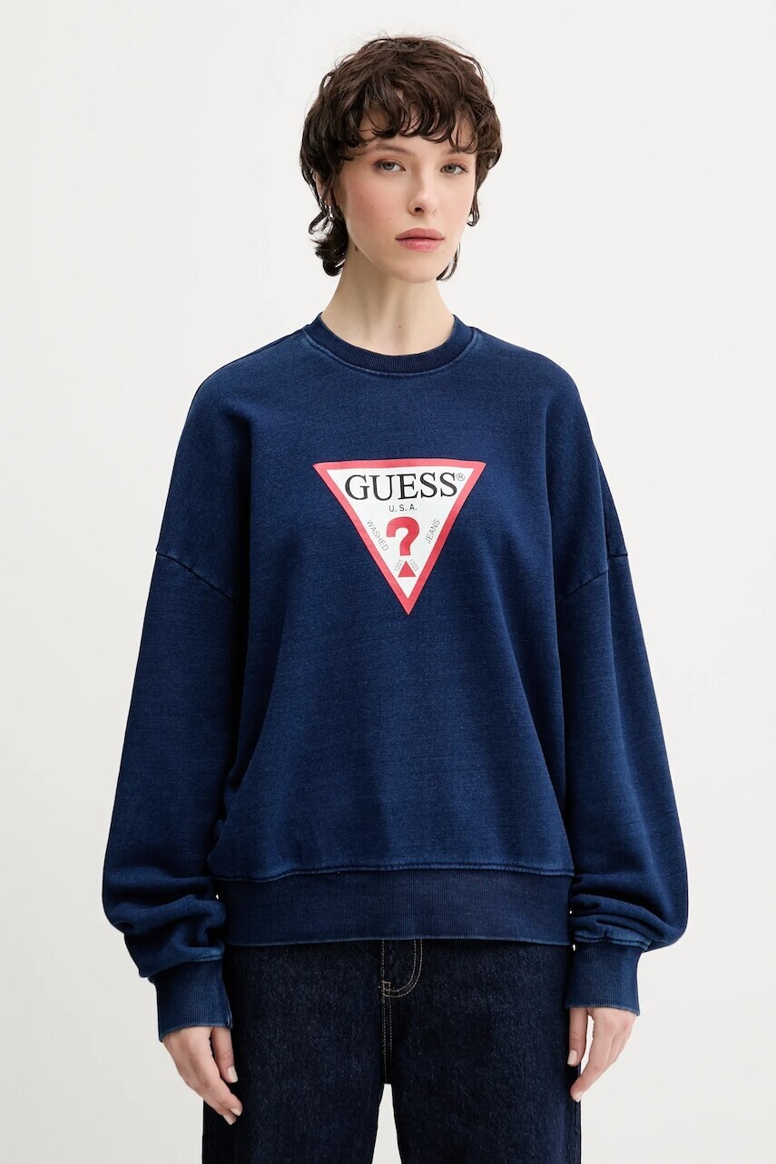 Bavlnená mikina Guess Jeans tmavomodrá farba, s potlačou, W5YQ12 KCXQ1