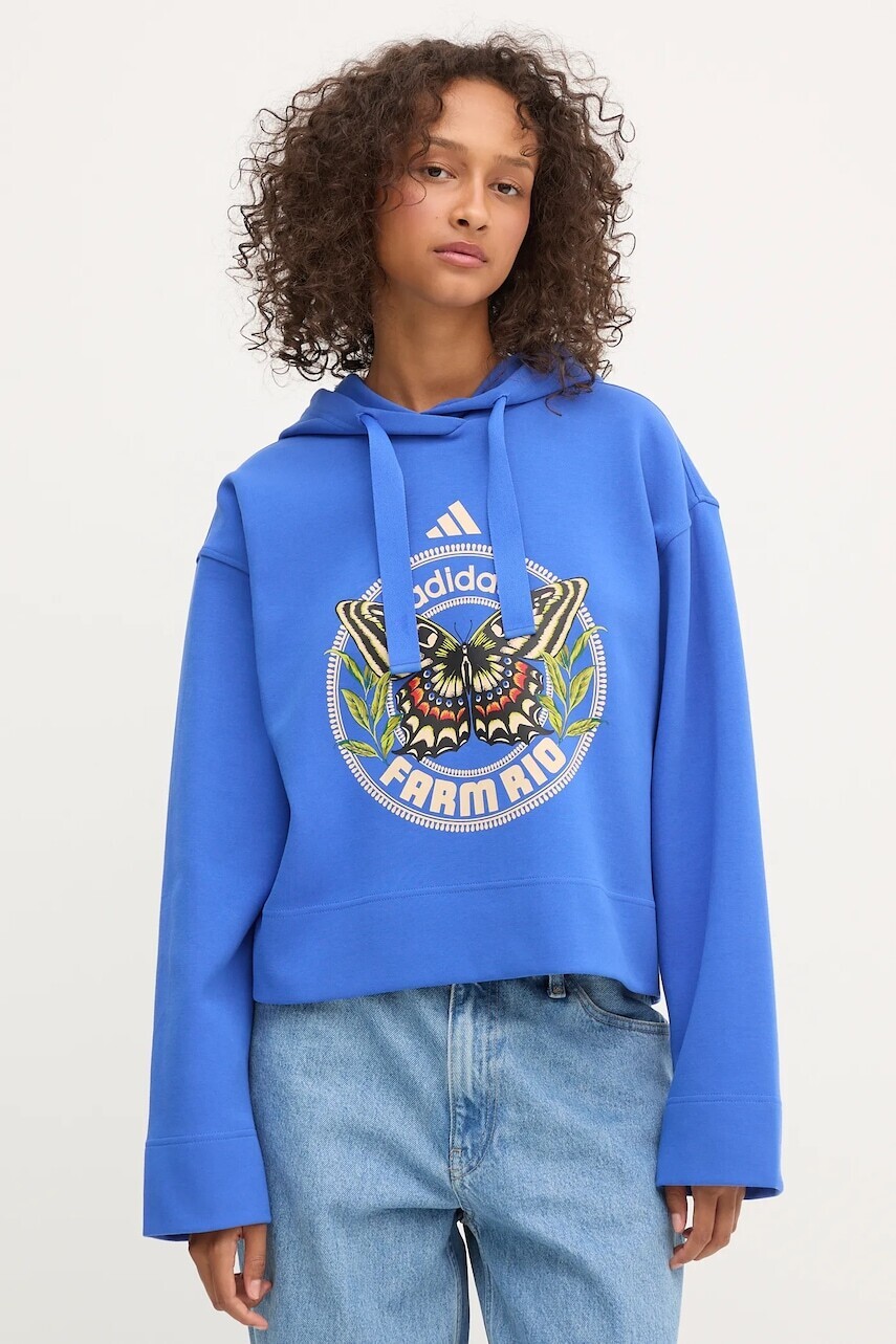 Mikina adidas x Farm Rio modrá farba, s kapucňou, s potlačou, JL8608